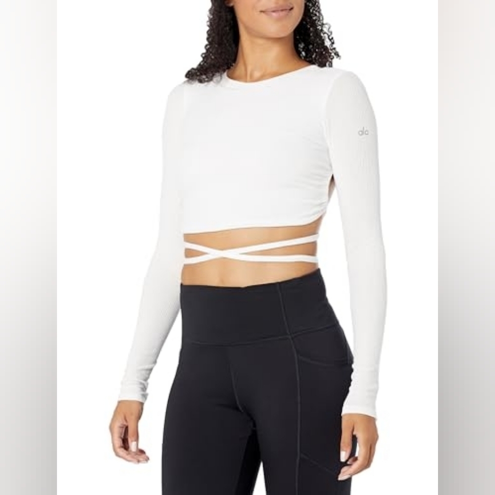 ALO YOGA Ribbed Manifest Long Sleeve, White Crop Top - Picture 3 of 10